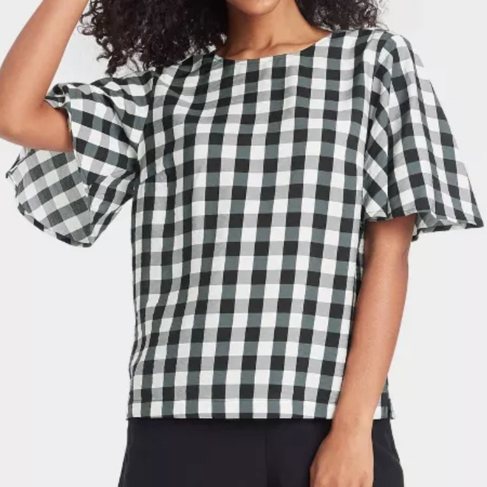 Target Buffalo Check Black and White Flutter Sleeve Top Size S